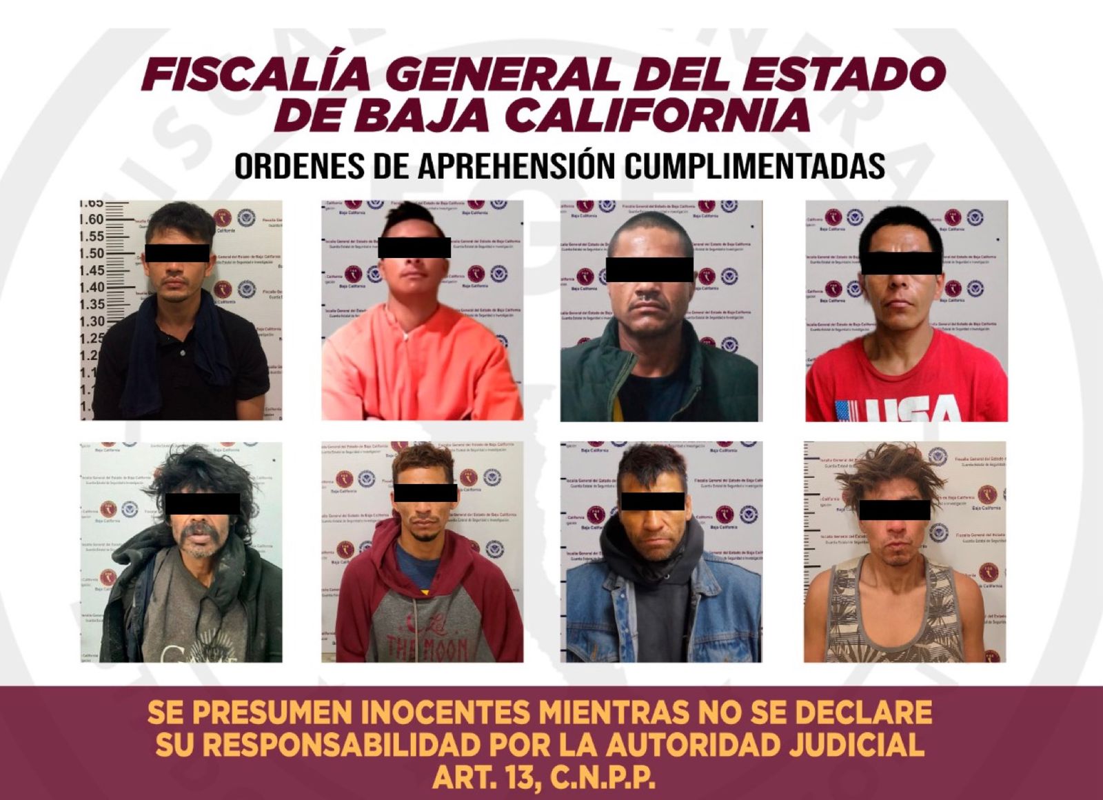 Detienen a ocho hombres con órdenes de aprehensión por diferentes delitos