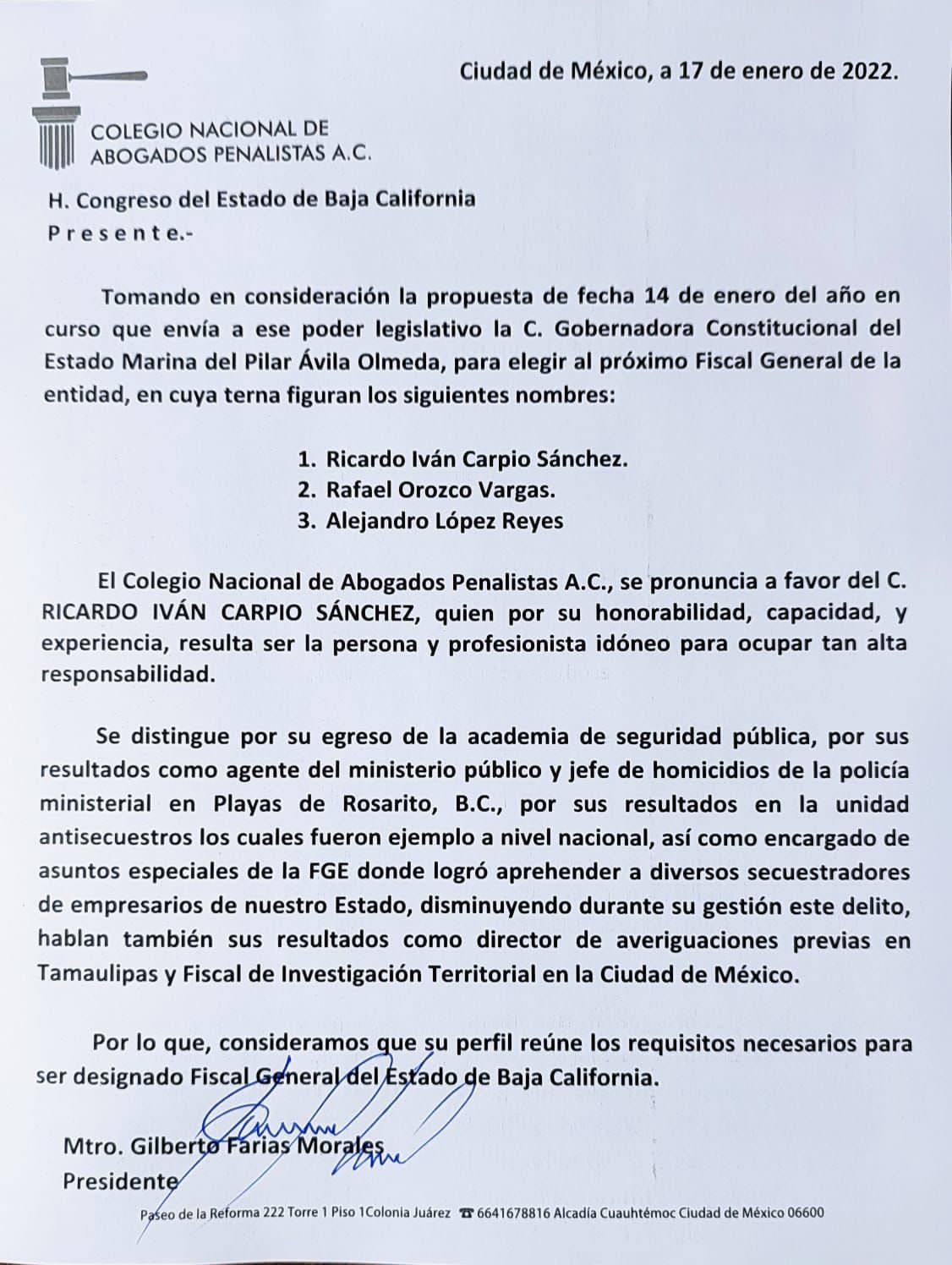 Avalan abogados penalistas propuesta de Carpio Sánchez como Fiscal General de BC