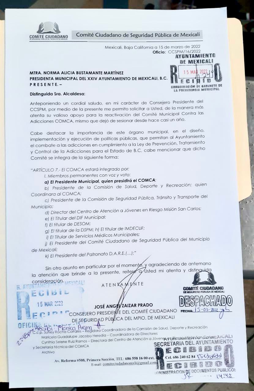 Piden a alcaldesa de Mexicali reactivar Comité Municipal contra las adicciones