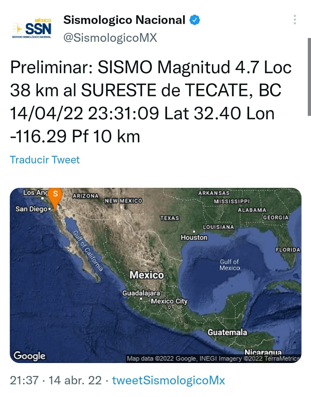 Reporta Protección Civil BC sismo de 4.7 grados en Ensenada