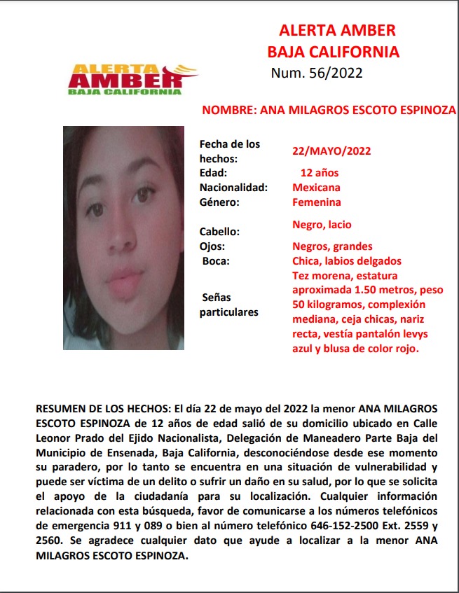 ALERTA AMBER BAJA CALIFORNIA: ANA MILAGROS ESCOTO ESPINOZA