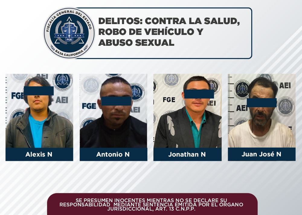 Aprehende FGE a cuatro individuos por los delitos de robo de vehículo, abuso sexual y contra la salud