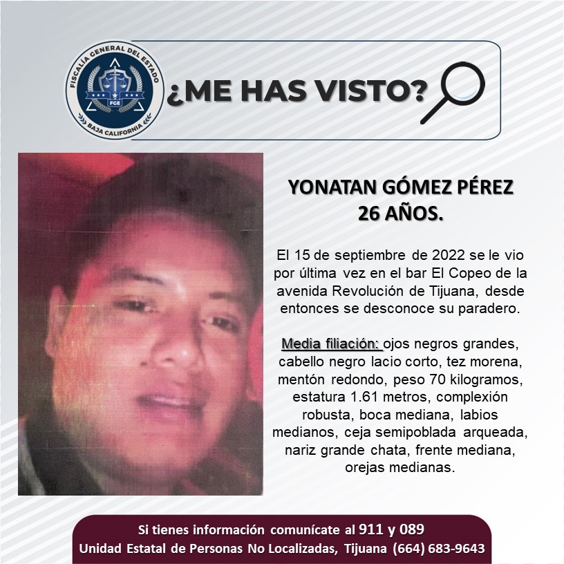 Pesquisa búsqueda de hombre de 26 años, Yonatan Gómez Pérez