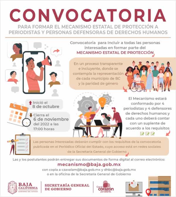 Invita Gobierno de Baja California a inscribirse en convocatoria para mecanismo de protección personas defensoras de derechos humanos y periodistas