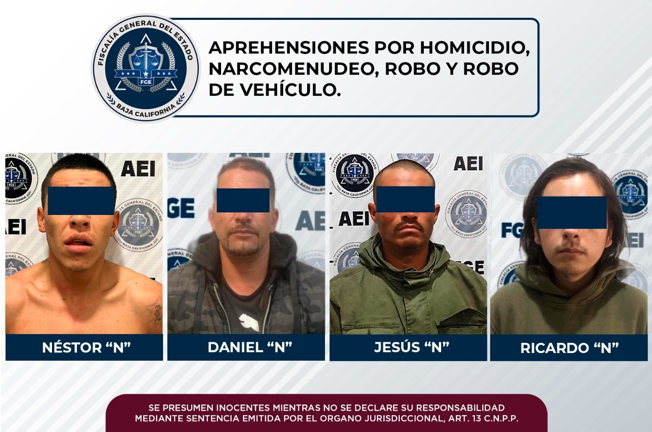 Logra la FGE cuatro aprehensiones por homicidio, robo, robo de vehículo y narcomenudeo