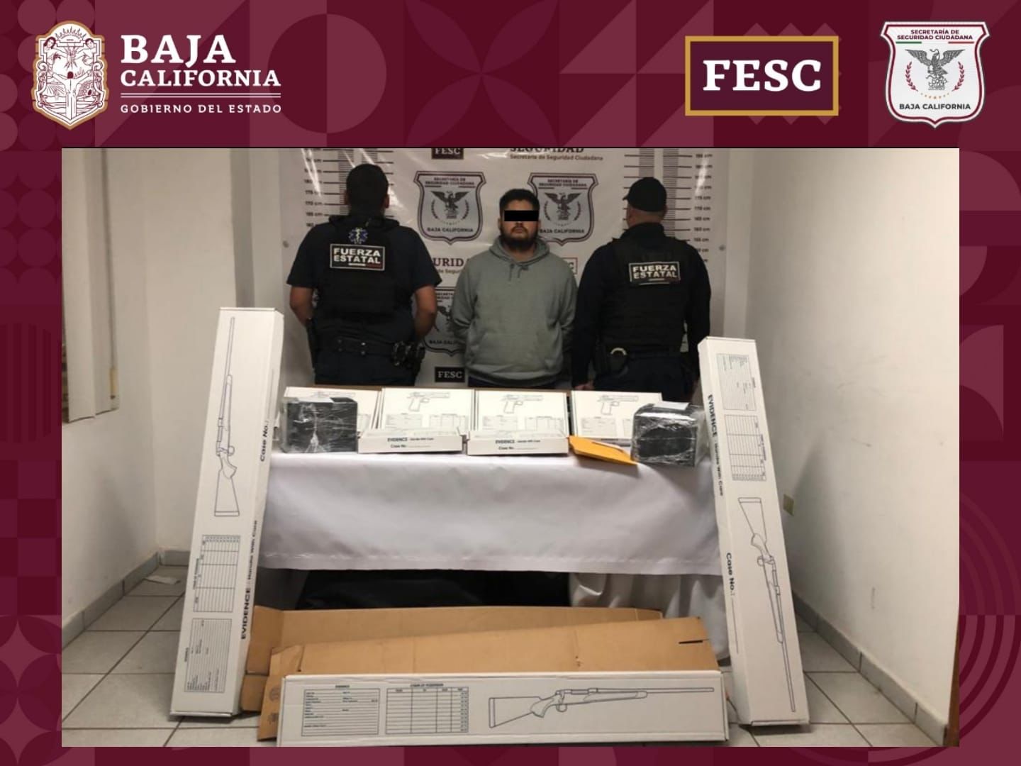 Detiene FESC BC a hombre con 10 armas, más de 140 mil pesos y cajas de seguridad