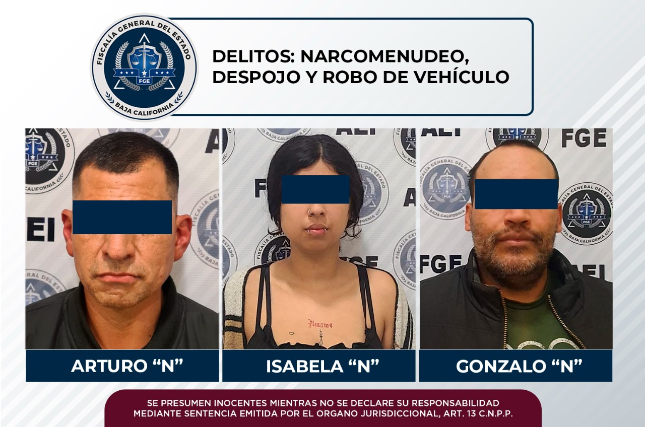 Dos hombres y una mujer aprehendidos por narcomenudeo, despojo y robo de vehículo, en Tijuana: FGE