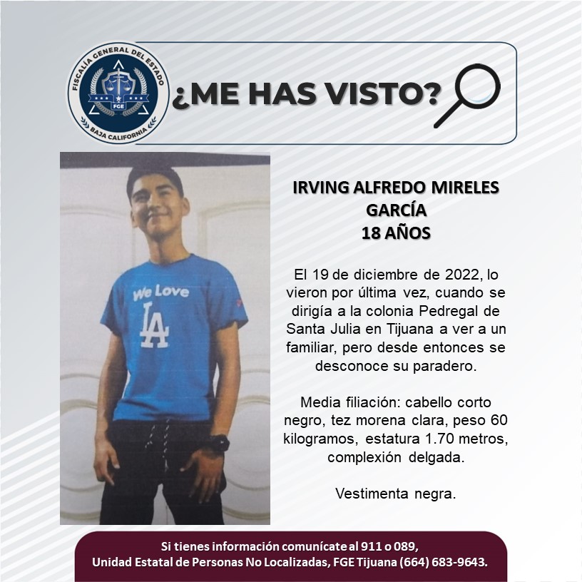 Pesquisa de hombre de 18 años, Irving Alfredo Mireles García