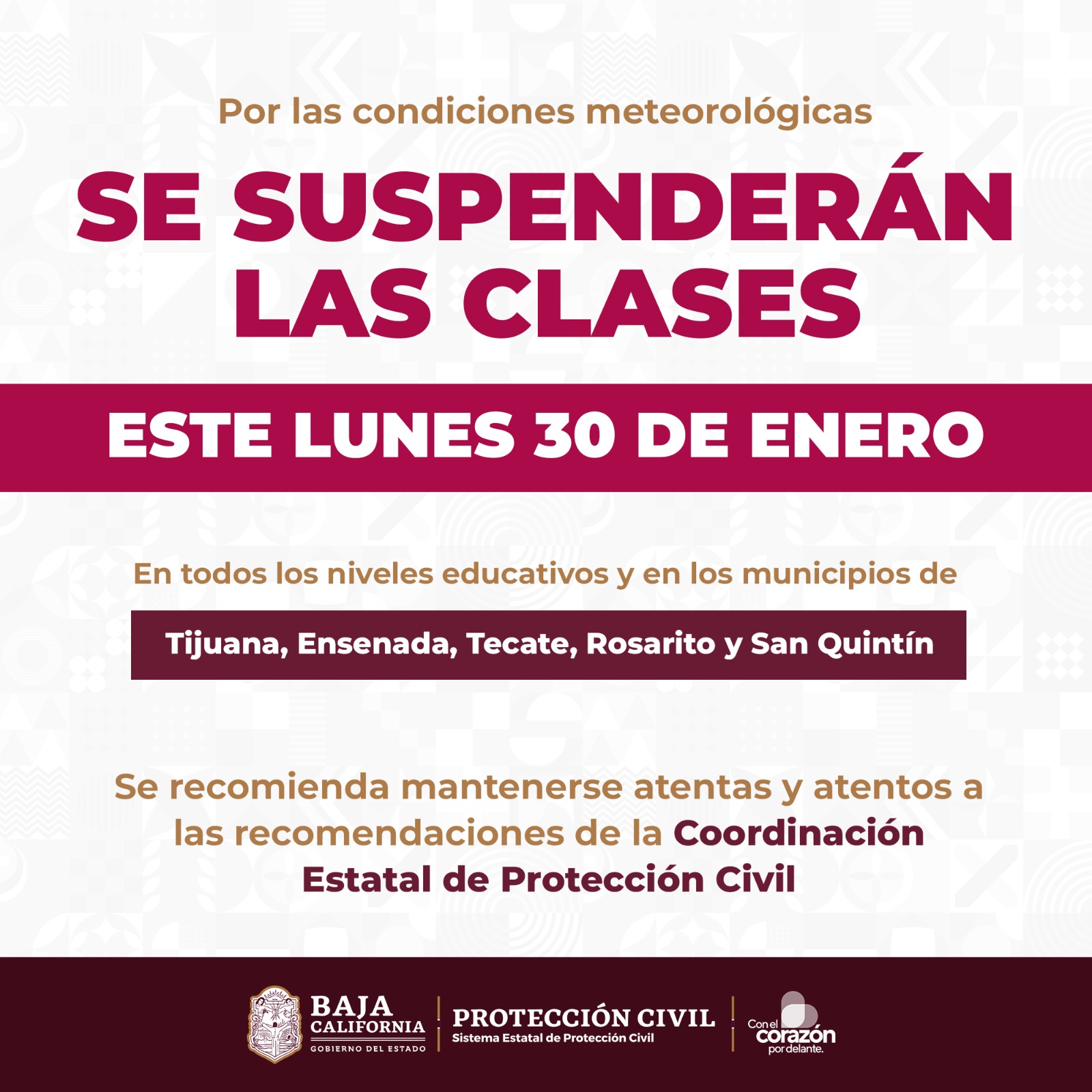 Se suspenderán clases este lunes 30 de enero en Tijuana, Rosarito, Ensenada, Tecate y San Quintín