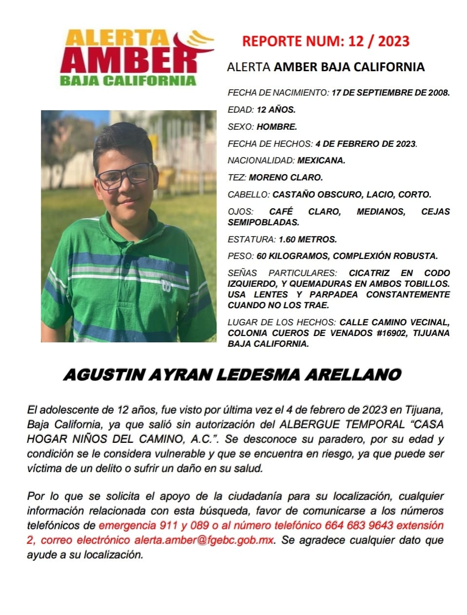 Alerta Amber Baja California Agustín Ayran Ledesma Arellano 12 años