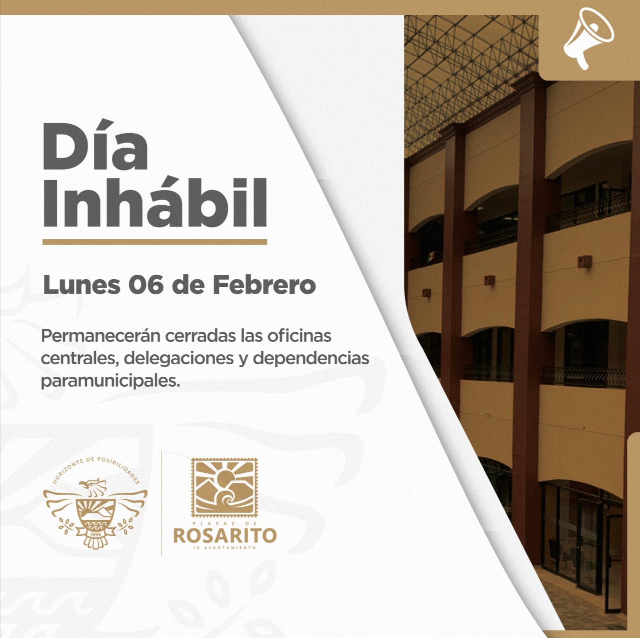 Informa Gobierno de Rosarito que lunes 6 de febrero será día inhábil