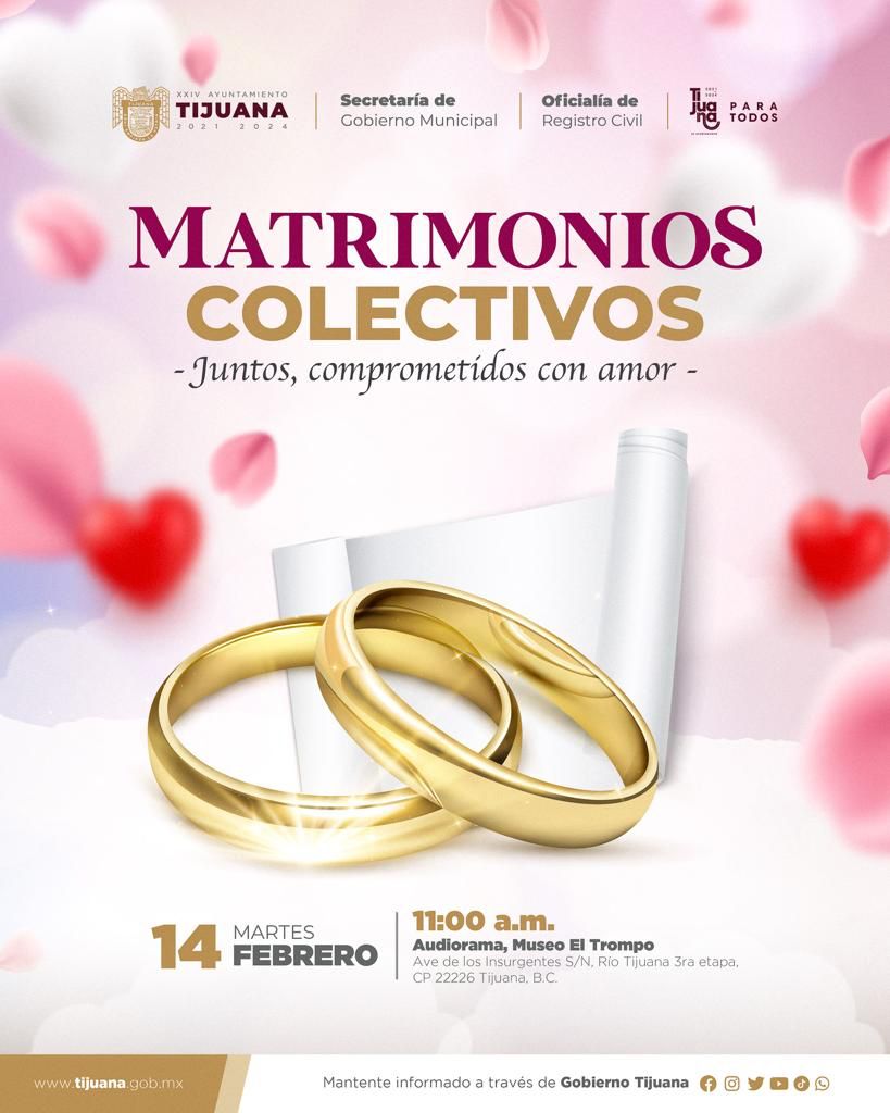 Registro Civil de Tijuana amplía plazo para entregar documentos y formar parte de matrimonios colectivos