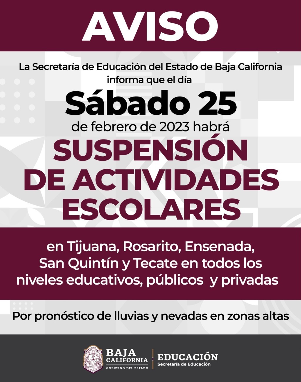 Suspende Gobierno del Estado actividades escolares de todos los niveles este sábado 25 de febrero