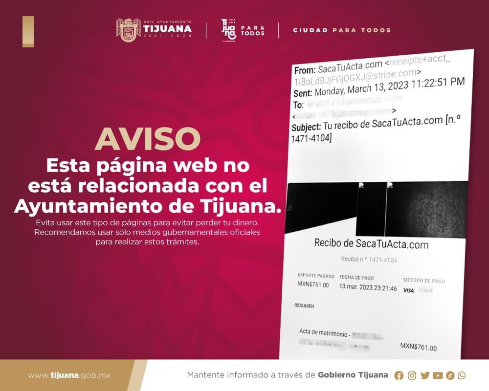 Ayuntamiento de Tijuana advierte por fraude en trámites de registro civil por internet