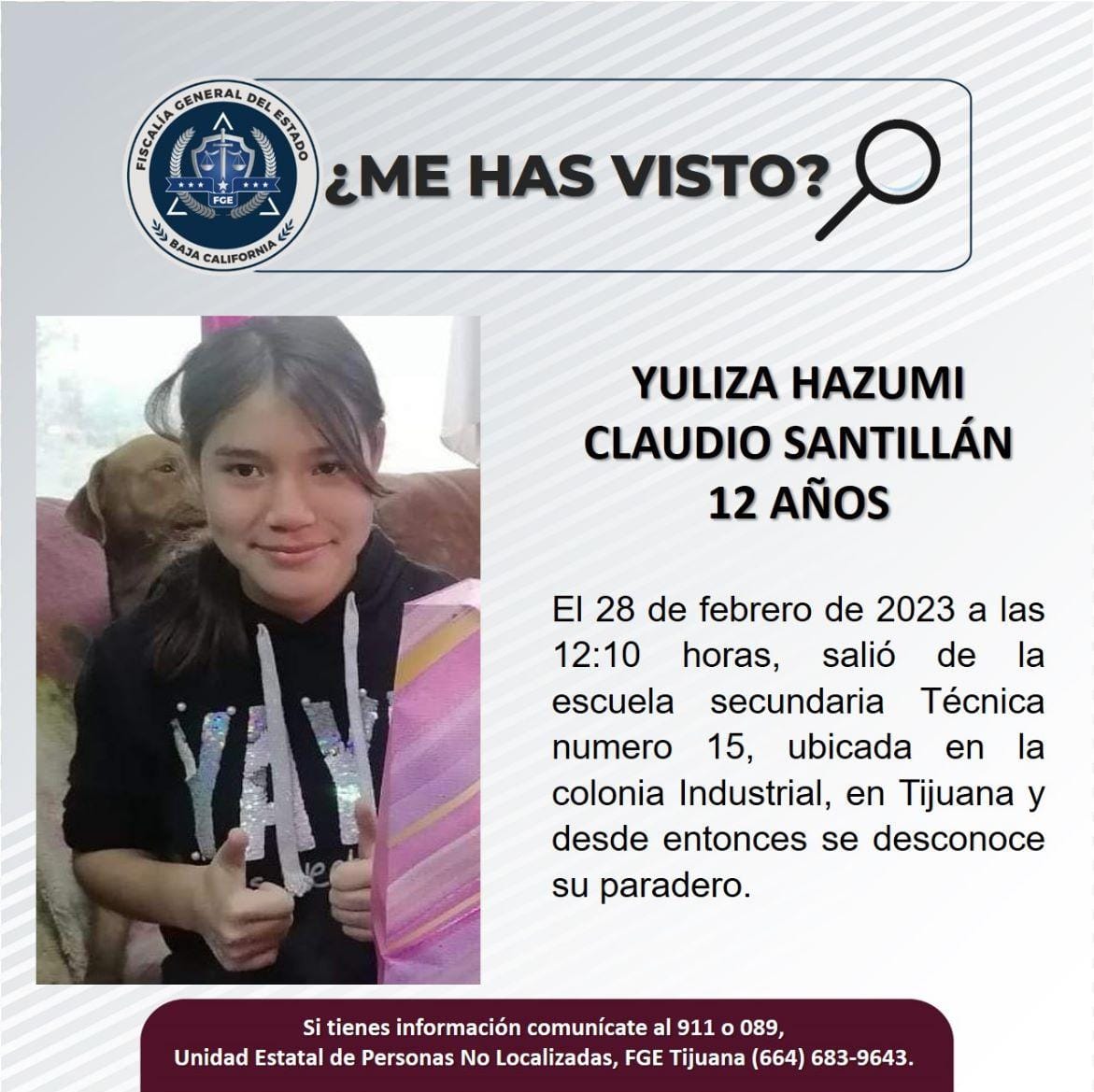 Se busca a Yuliza Hazumi Claudio Santillán De 12 años