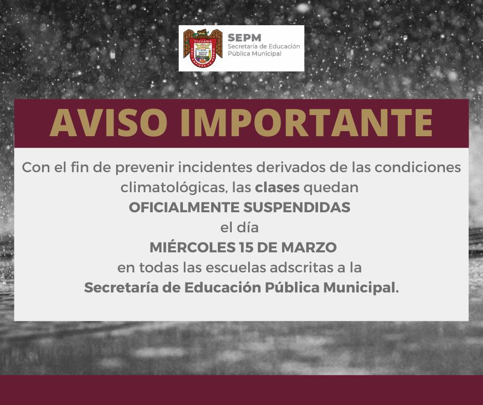 Ayuntamiento suspende clases en escuelas municipales este miércoles 15 de marzo