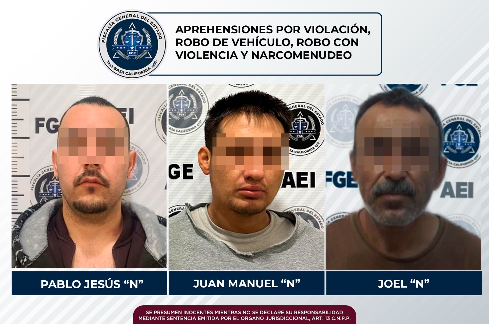 Captura la FGE a tres imputados por los delitos de violación, robo con violencia, robo de vehículo y narcomenudeo