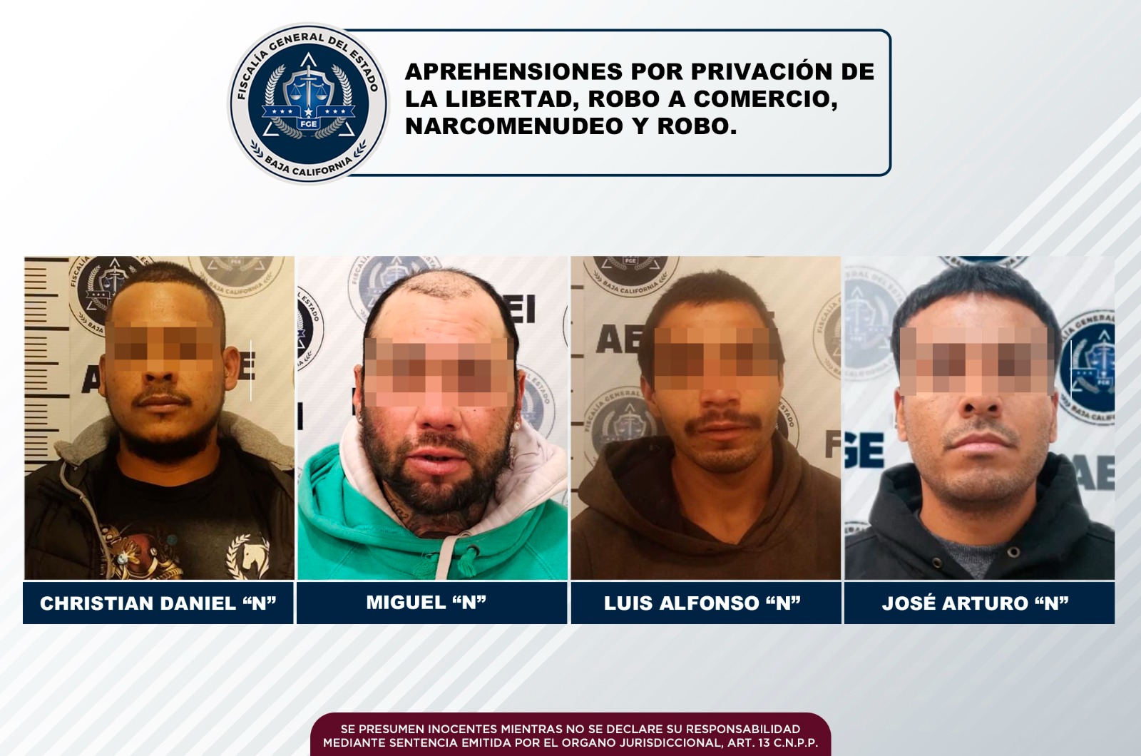 Cuatro sujetos detenidos por la FGE por contar con órdenes de aprehensión