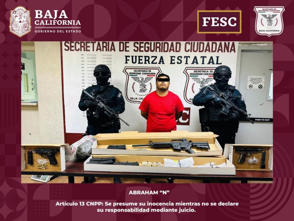 Concluye operativo de la FESC en Valle de Mexicali con aseguramiento de armas, drogas, cartuchos y 4 personas