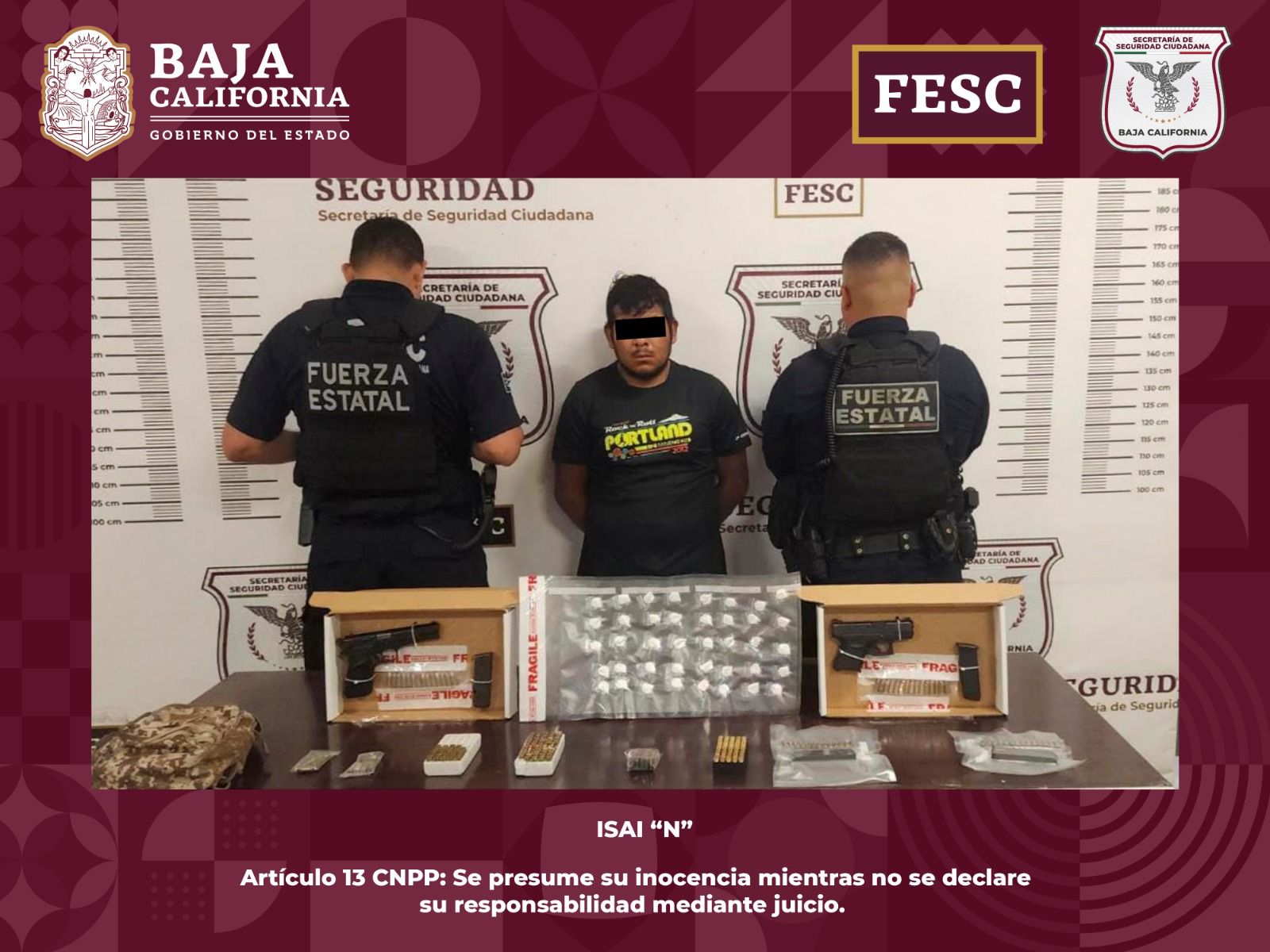 Detiene FESC en operativo a hombre con armas, cartuchos, droga y vehículo robado