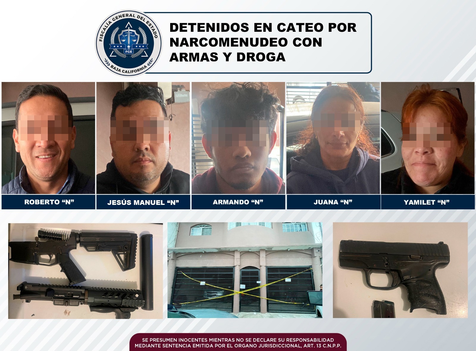 FGE detiene a cinco, decomisa droga y armas tras cateo