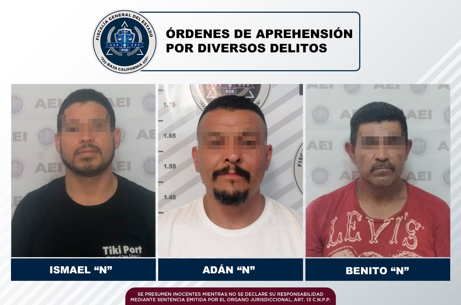 Tres sujetos con órdenes de aprehensión en Tecate son capturados por Agentes Estatales de investigación