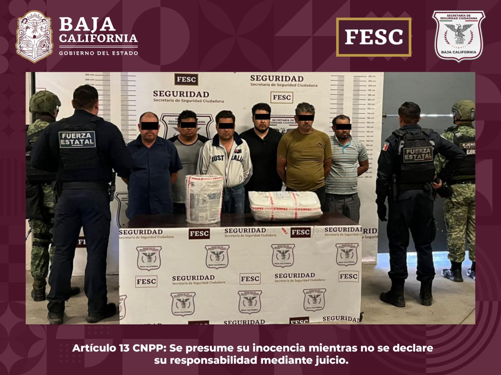 DETIENE FESC A SEIS HOMBRES EN ROSARITO Y LES DECOMISA 28 KILOS DE METANFETAMINA