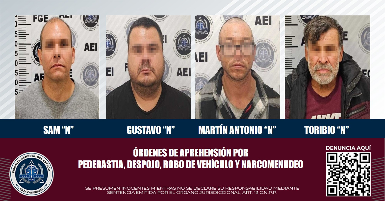 Cumplimenta FGE órdenes de aprehensión por pederastia, despojo, robo de vehículo y narcomenudeo