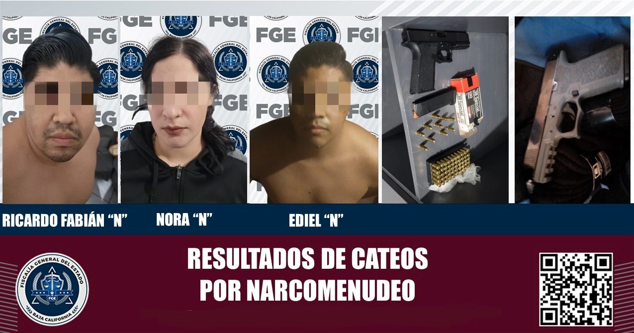 La FGE detiene a tres personas en cateos por narcomenudeo y decomisa armas y drogas