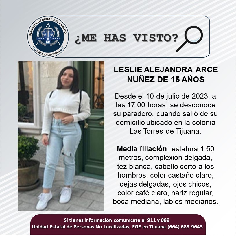 Servicio Social: Se busca a Leslie Alejandra Arce Núñez de 15 años