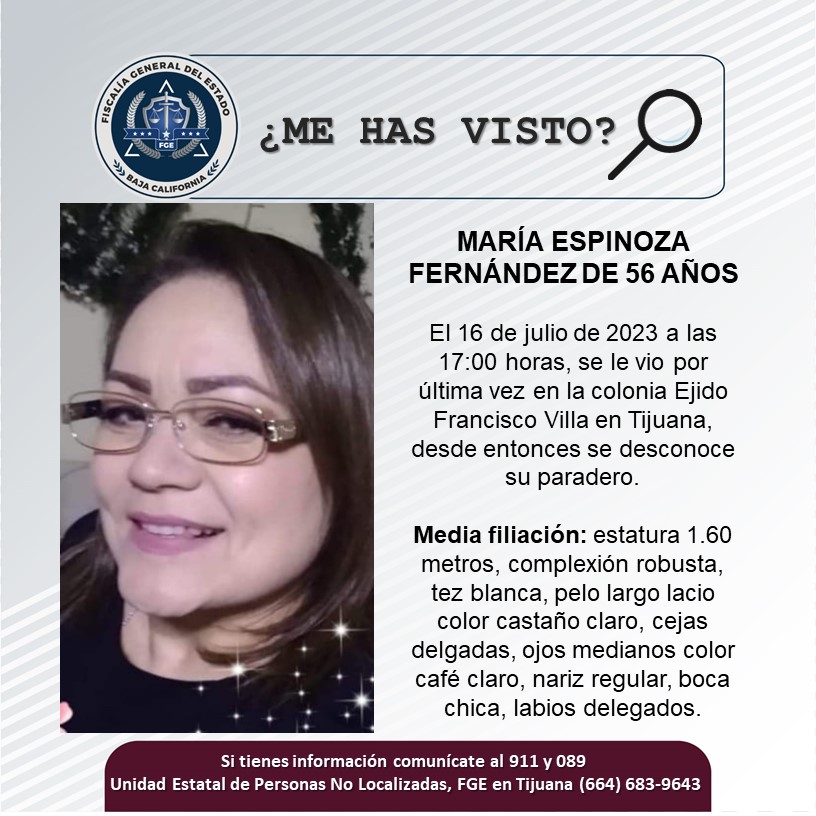 Servicio Social: Se busca a María Espinoza Fernández de 56 años