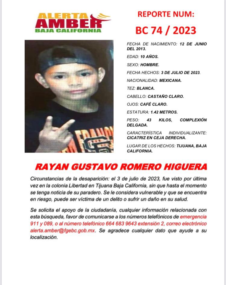 Servicio social: se busca a Rayan Gustavo Romero higuera de 10 años de edad