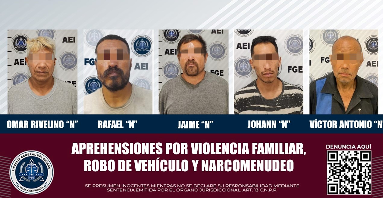 Captura la AEI a cinco imputados por delitos de violencia familiar, robo de vehículo y narcomenudeo