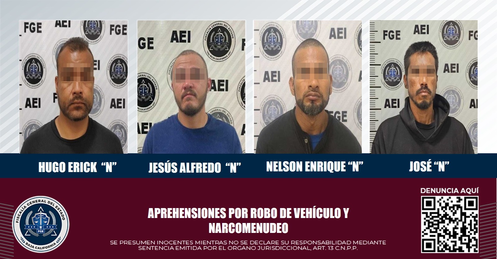 FGE aprehende a cuatro sujetos con orden de aprehensión; Tres por robo de vehículo y uno por delitos contra la salud