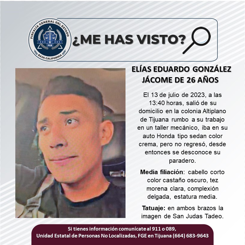 Servicio Social: Se busca a Elías Eduardo González Jácome de 26 años