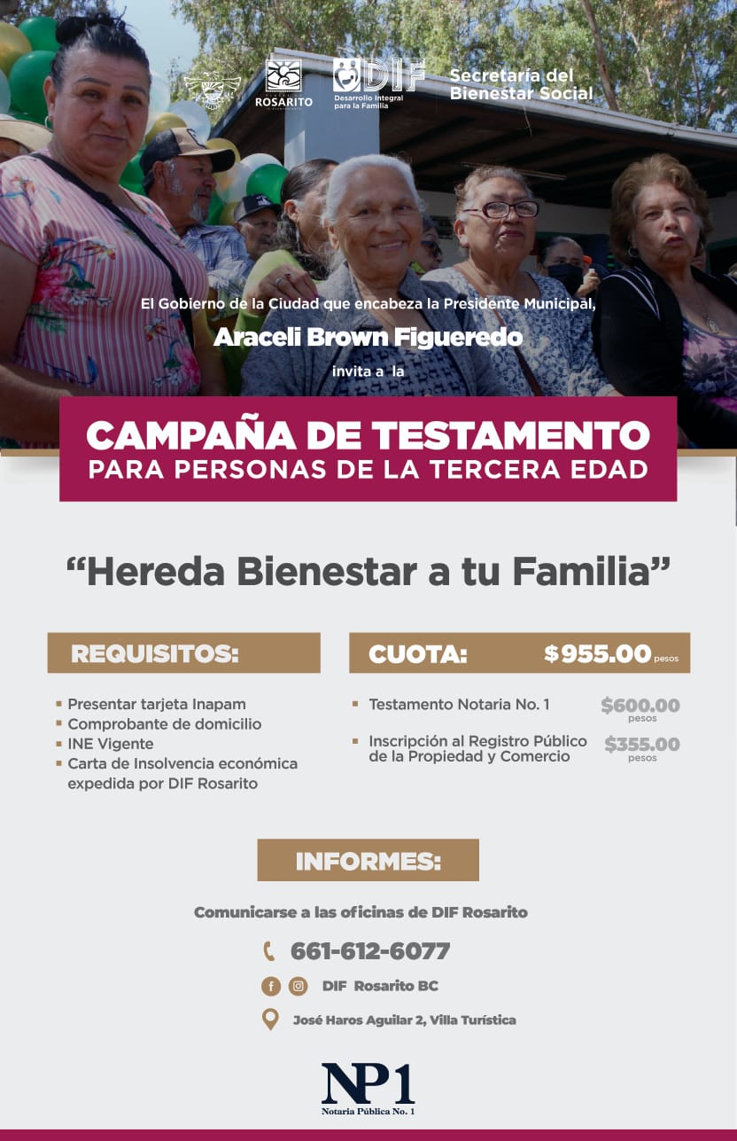 Invita DIF Rosarito a aprovechar beneficios de la campaña de testamento para personas de la tercera edad ‘Hereda Bienestar a tu familia’