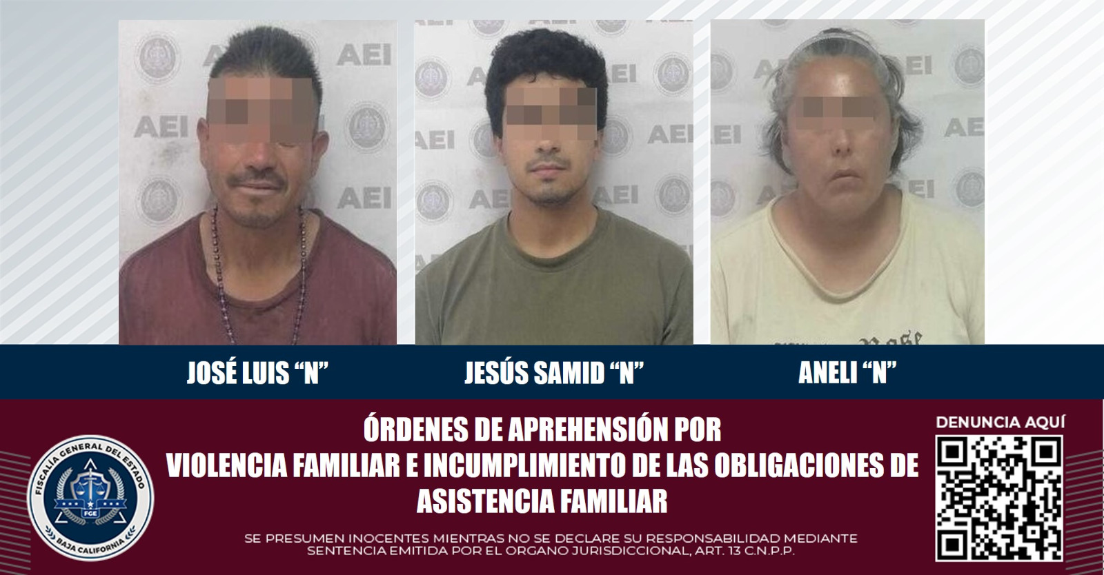 Aprehende Fiscalía General del Estado a tres personas por delitos familiares