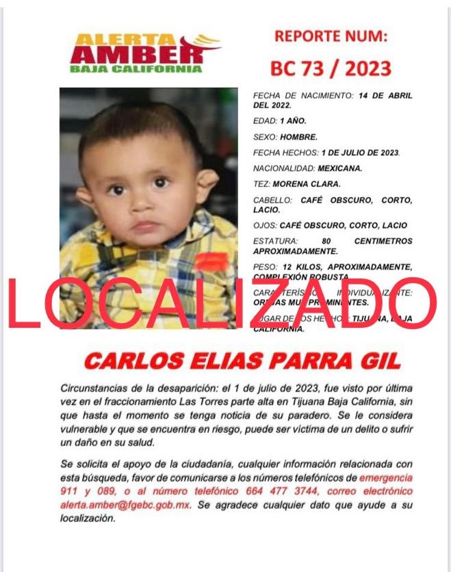 Localiza la FGE a Carlos Elías parra gil de 1 año de edad