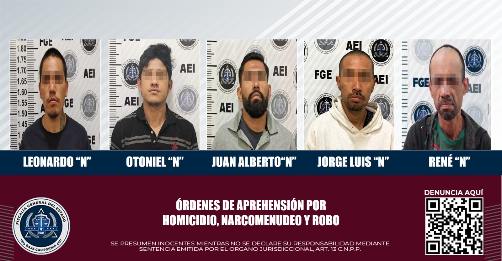 Aprehende FGE a cinco sujetos que contaban con orden de aprehensión activa