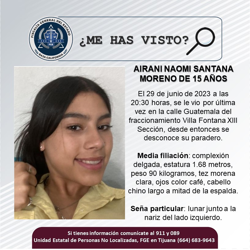 Servicio Social: Se busca a Airani Naomi Santana Moreno de 15 años