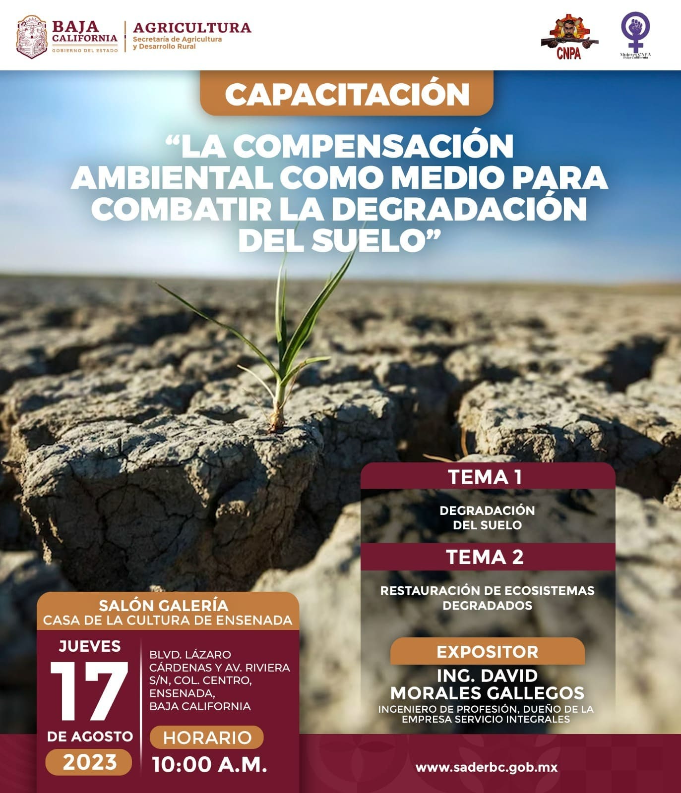 INVITA SADERBC A CONFERENCIA SOBRE PRÁCTICAS PARA COMBATIR LA DEGRADACIÓN DEL SUELO AGRÍCOLA