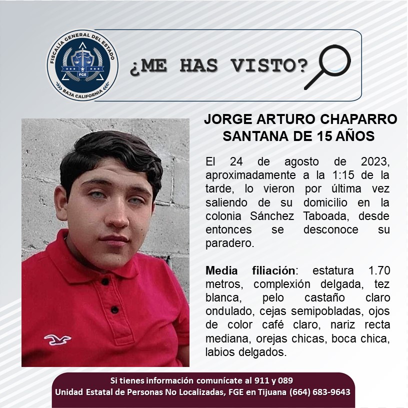 Servicio Social: Se busca a Jorge Arturo Chaparro Santana de 15 años