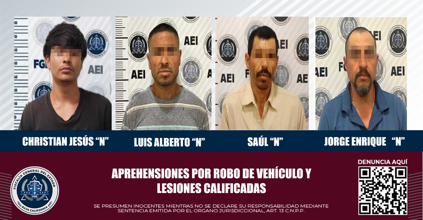 Son detenidos cuatro sujetos con orden de aprehensión; Tres por robo de vehículo y otro por lesiones