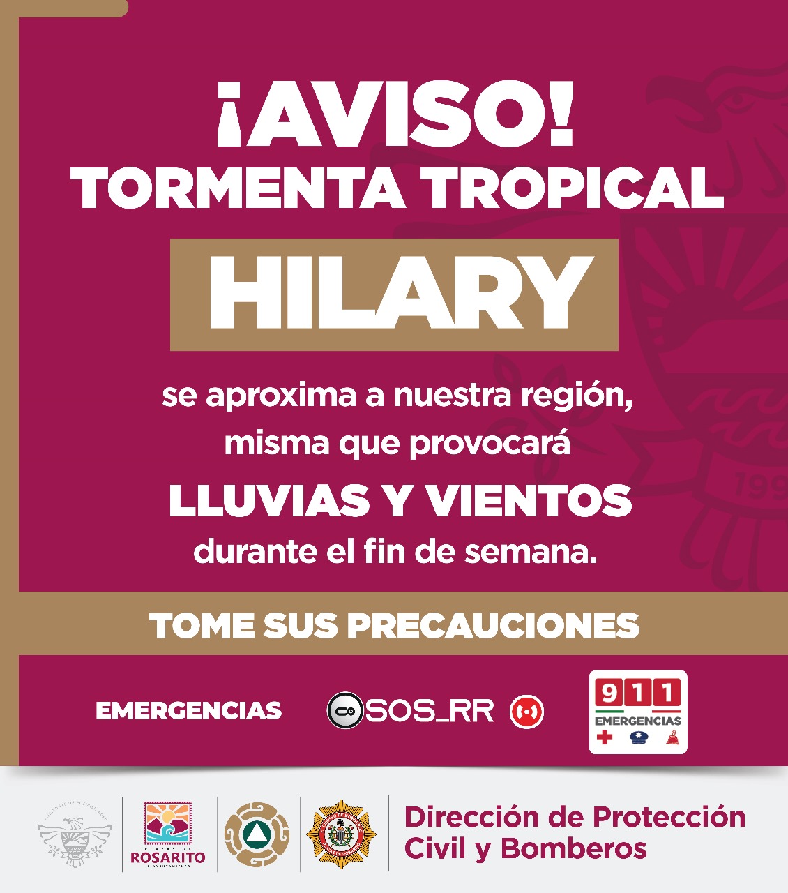 Anuncia Gobierno Municipal posibles lluvias y vientos ante la llegada de la Tormenta Hilary