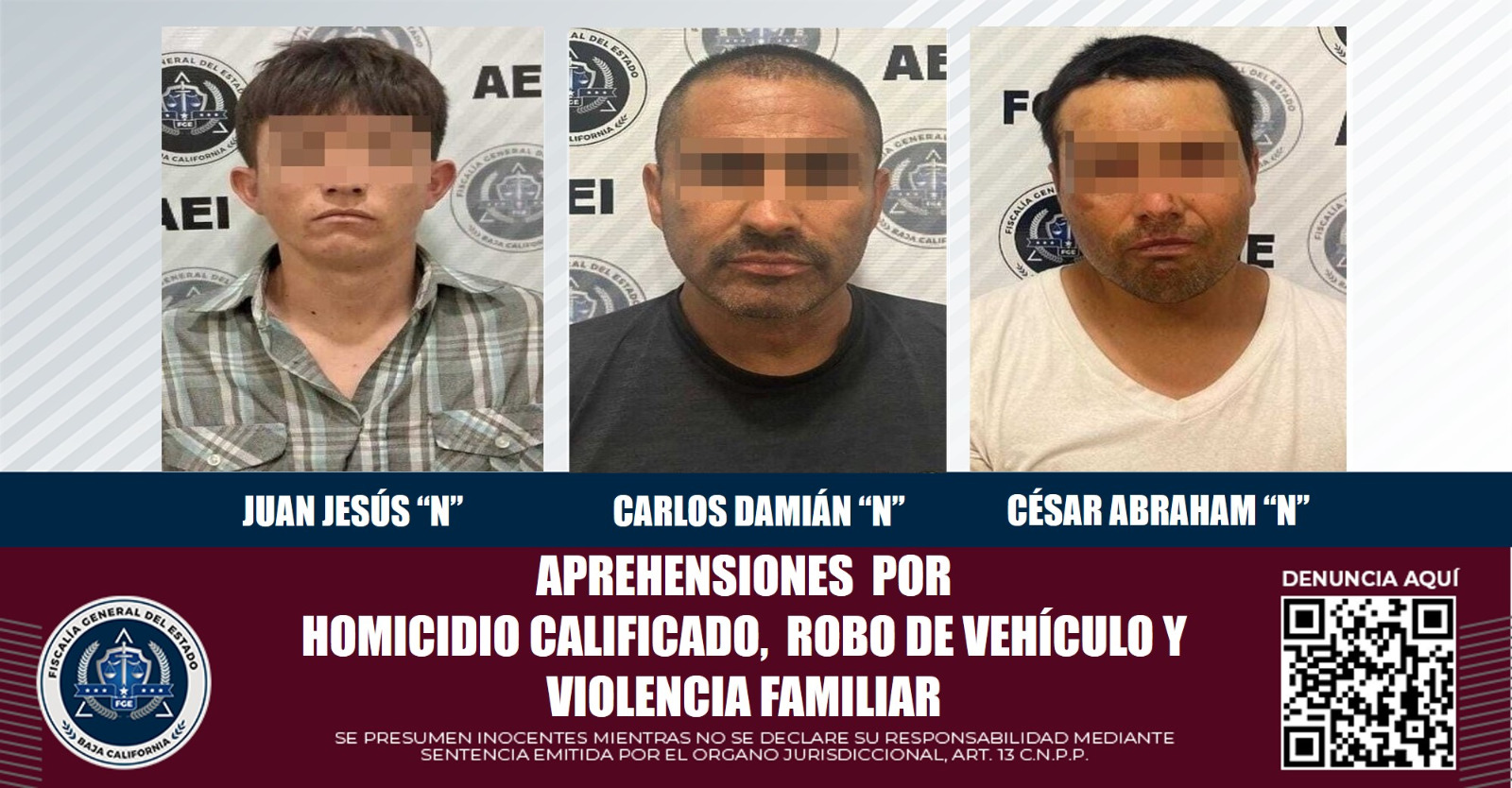 Cumplimenta FGE órdenes de aprehensión por homicidio calificado, robo de vehículo y violencia familiar