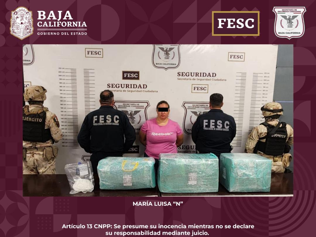 Detienen FESC y SEDENA a mujer que transportaba más de 74 kilos de metanfetamina en Tijuana