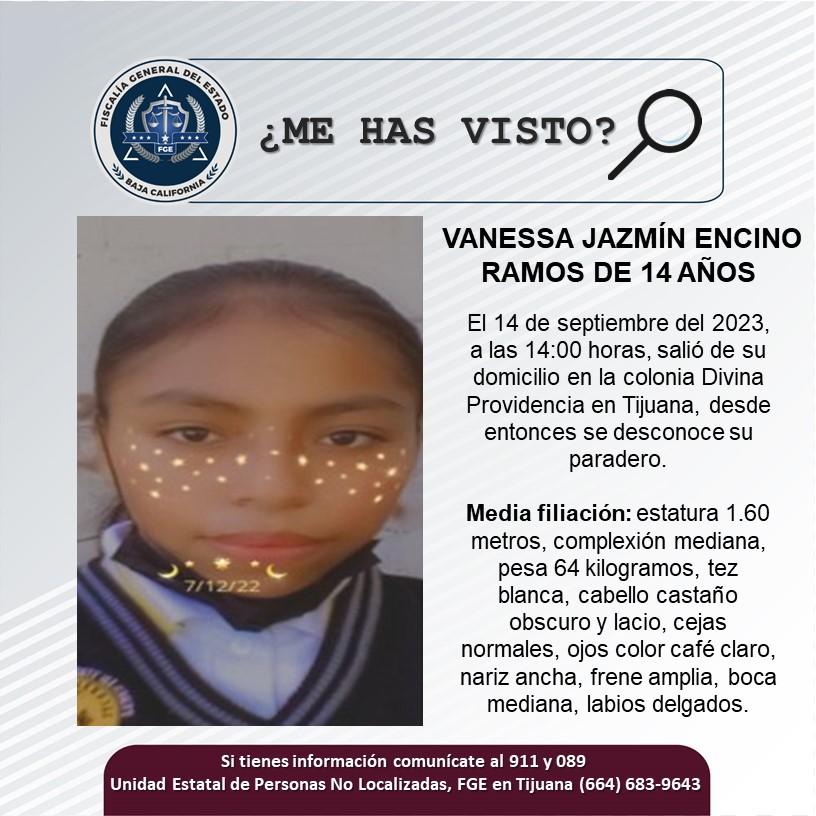 Servicio social: Se busca a adolescente de 14 años, Vanessa Jazmín Encino Ramos