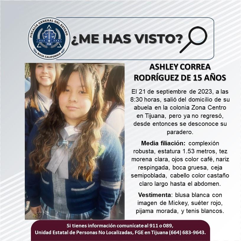 Servicio social: Se busca a Ashley Correa Rodríguez de 15 años