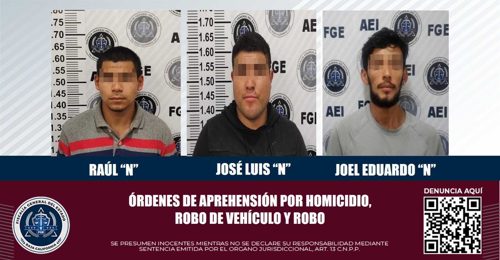 Tres sujetos son detenidos con orden de aprehensión por homicidio, robo de vehículo y robo: FGE