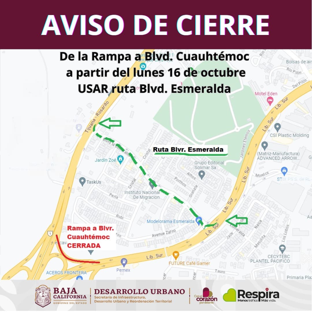 CERRARÁ TEMPORALMENTE RAMPA A BULEVAR CUAUHTÉMOC NORTE A PARTIR DEL 16 DE OCTUBRE: SIDURT